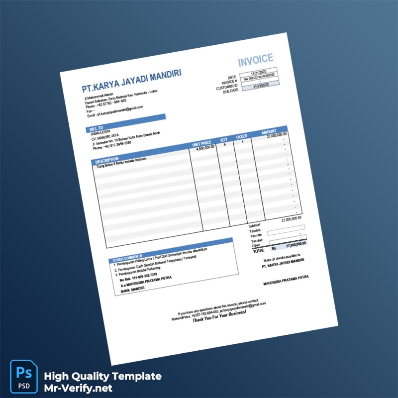 Indonesia PT Karya Jayadi Mandiri Invoice Template in Word and PDF formats Indonesia PT Karya Jayadi Mandiri Invoice Template in Word and PDF formats