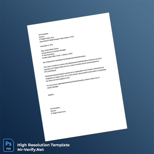 Editable Indonesia PT Negeri Kolam Susu Employment Verification Letter Word and Pdf Template Editable Indonesia PT Negeri Kolam Susu Employment Verification Letter Word and Pdf Template