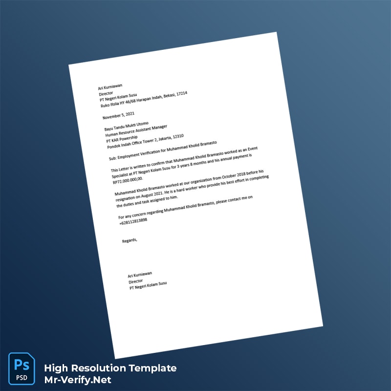 Editable Indonesia PT Negeri Kolam Susu Employment Verification Letter Word and Pdf Template Editable Indonesia PT Negeri Kolam Susu Employment Verification Letter Word and Pdf Template