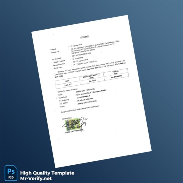 Indonesia PT PELABUHAN UNIVERSAL SUMATERA Invoice Template in Word and PDF formats