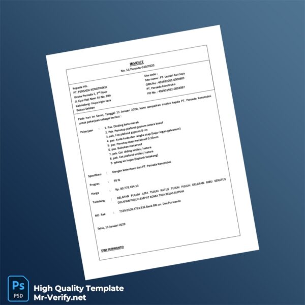 Indonesia PT Persada Konstruksi Invoice Template in Word and PDF formats