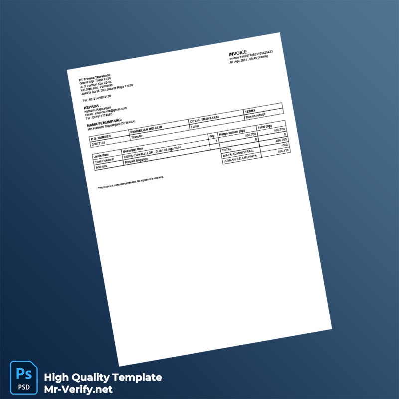 Indonesia PT Trinusa Travelindo Invoice Template in Word and PDF formats Indonesia PT Trinusa Travelindo Invoice Template in Word and PDF formats