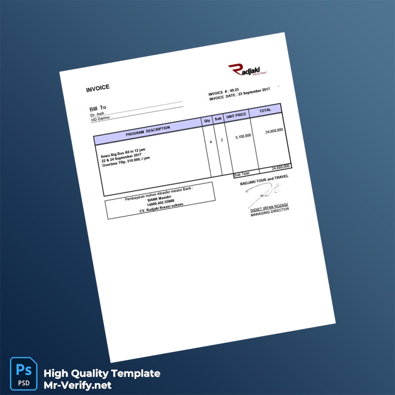 Indonesia Radjaki Tour and Travel Invoice Template in Word and PDF formats Indonesia Radjaki Tour and Travel Invoice Template in Word and PDF formats