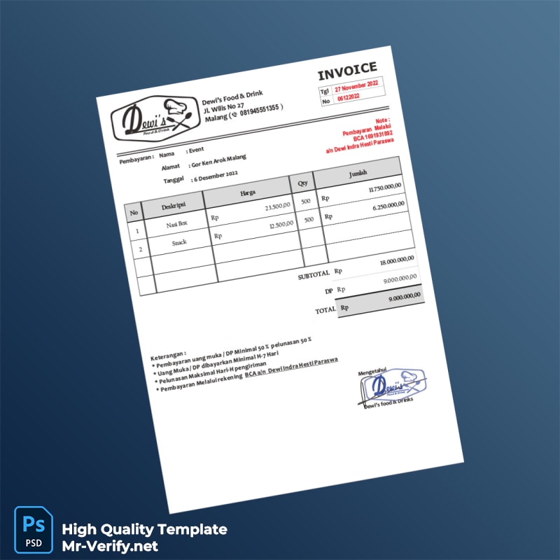Indonesia Sedap Malam Catering Invoice Template in Word and PDF formats 4 page Indonesia Sedap Malam Catering Invoice Template in Word and PDF formats 4 page