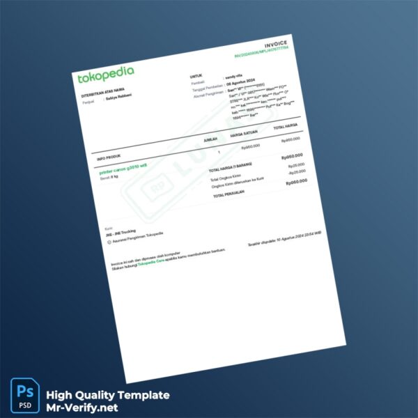 Indonesia Tokopedia Invoice Template in Word and PDF formats