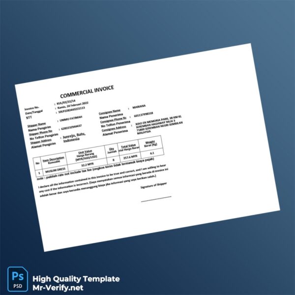 Indonesia Ummu Fatimah Commercial Invoice Template in Word and PDF formats 3 page
