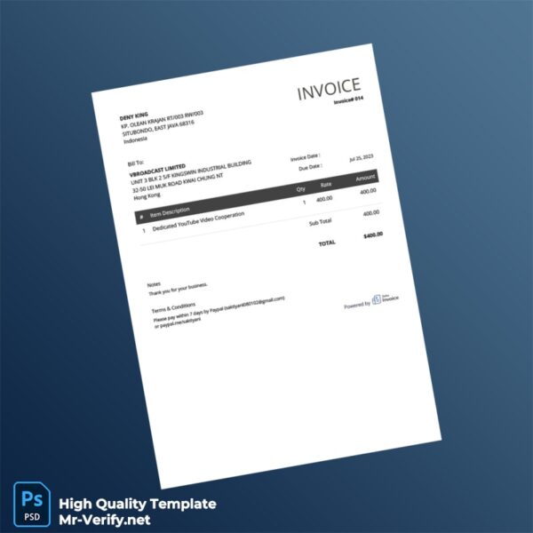 Indonesia VBROADCAST LIMITED Invoice Template in Word and PDF formats Indonesia VBROADCAST LIMITED Invoice Template in Word and PDF formats