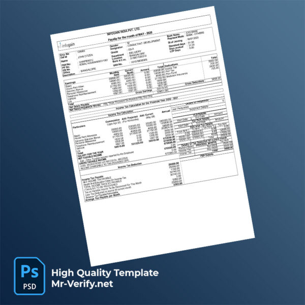 Infogain India PVT LTD payslip word and pdf template