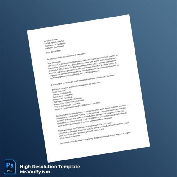 Editable Ireland Employment Permit Employment Verification Letter Word and Pdf Template 4 page