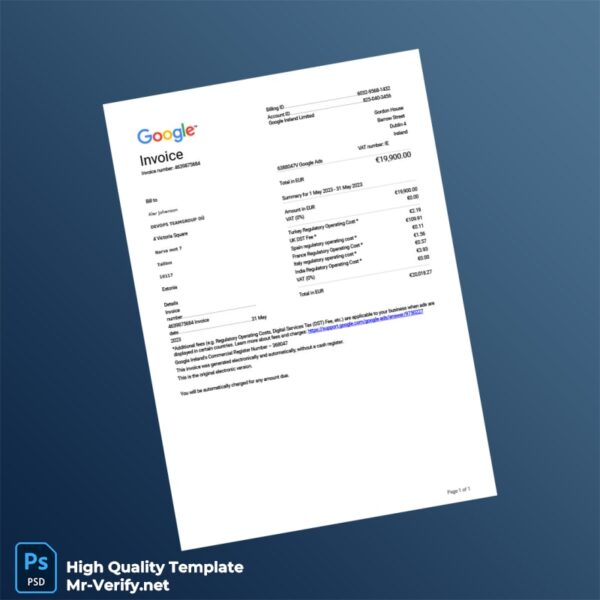 Ireland Google Invoice Template in Word and PDF formats