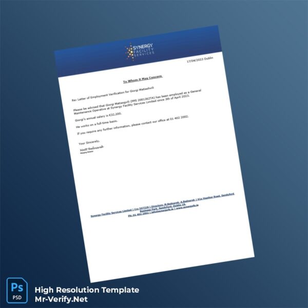 Editable Ireland Synergy Facility Services Limited Employment Verification Letter Word and Pdf Template
