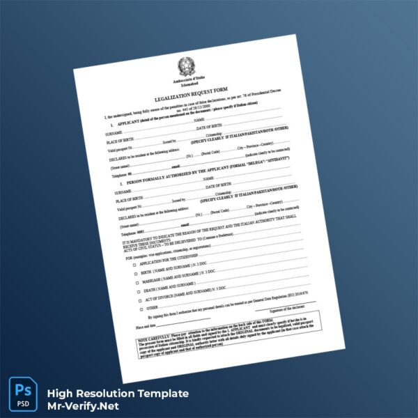 Editable Italy Italian Embassy Legalization Request Form Word and Pdf Template 2 page
