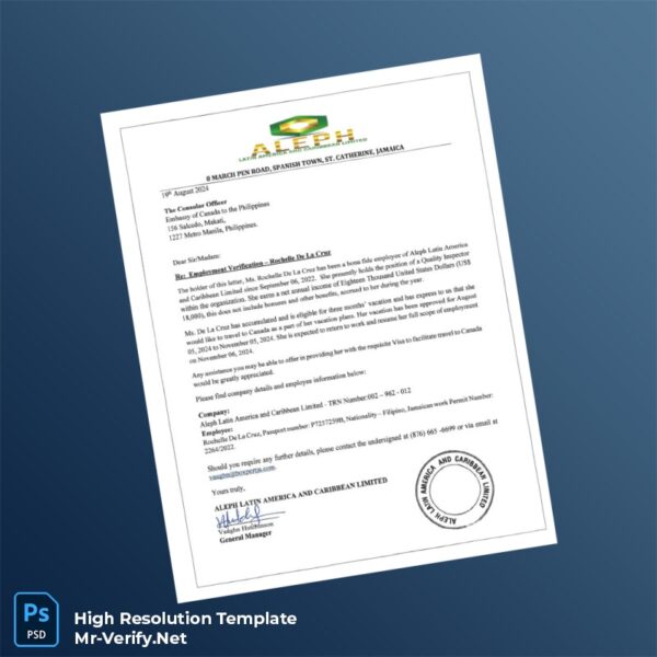 Editable Jamaica Aleph Latin America and Caribbean Limited Employment Verification Letter Word and Pdf Template 2 page Editable Jamaica Aleph Latin America and Caribbean Limited Employment Verification Letter Word and Pdf Template 2 page