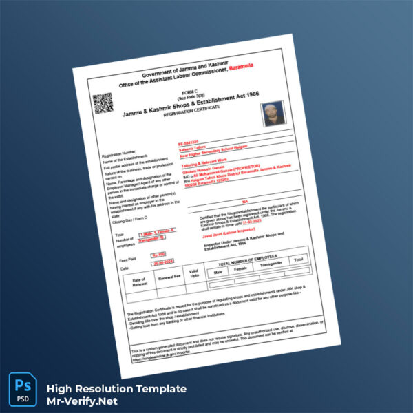 Editable Jammu and Kashmir Inspector Shops and Establishment Registration Certificate Word and Pdf Template