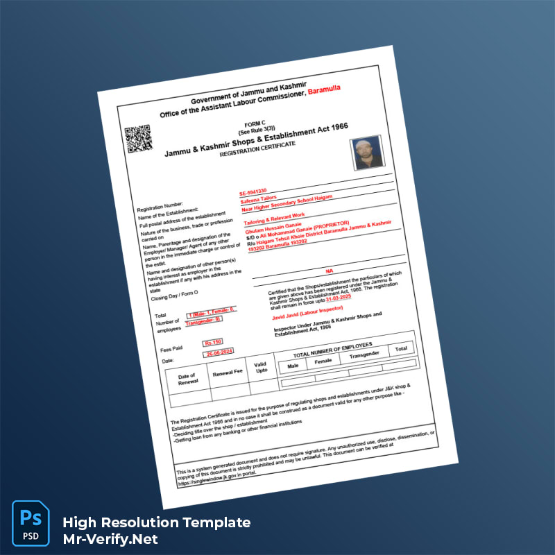 Editable Jammu and Kashmir Inspector Shops and Establishment Registration Certificate Word and Pdf Template Editable Jammu and Kashmir Inspector Shops and Establishment Registration Certificate Word and Pdf Template