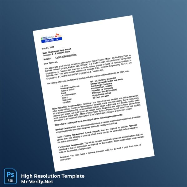 Editable Karbala HDGSK-JV Employment Verification Letter Word and Pdf Template 2 page Editable Karbala HDGSK-JV Employment Verification Letter Word and Pdf Template 2 page