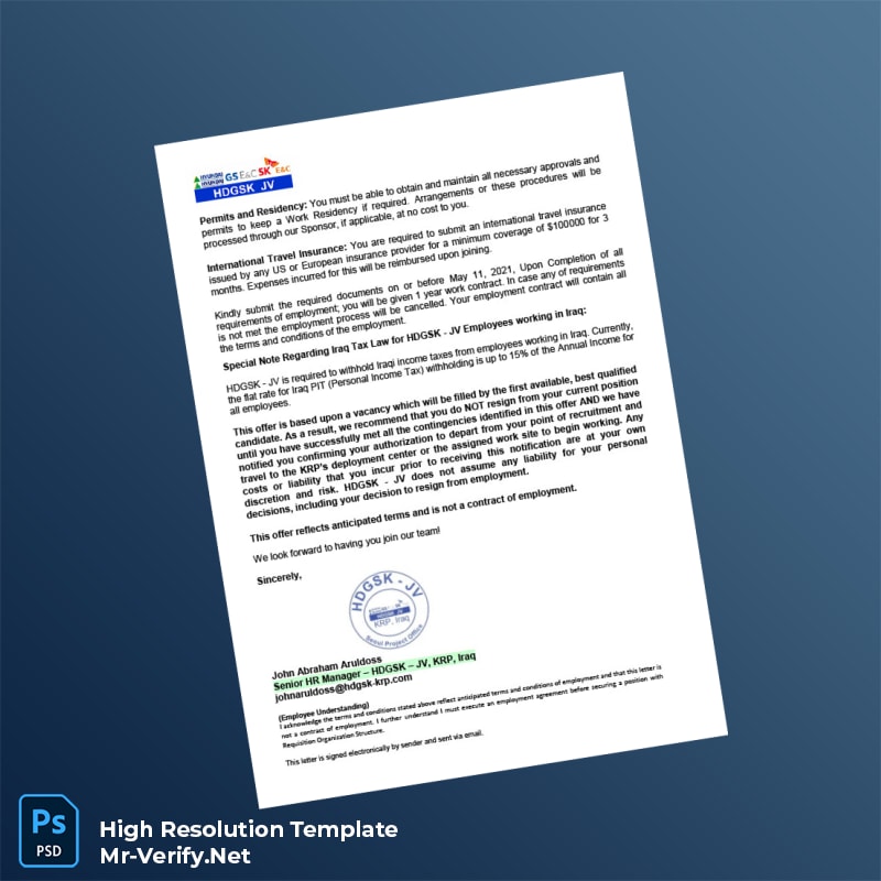 Editable Karbala HDGSK-JV Employment Verification Letter Word and Pdf Template 2 page Editable Karbala HDGSK-JV Employment Verification Letter Word and Pdf Template 2 page