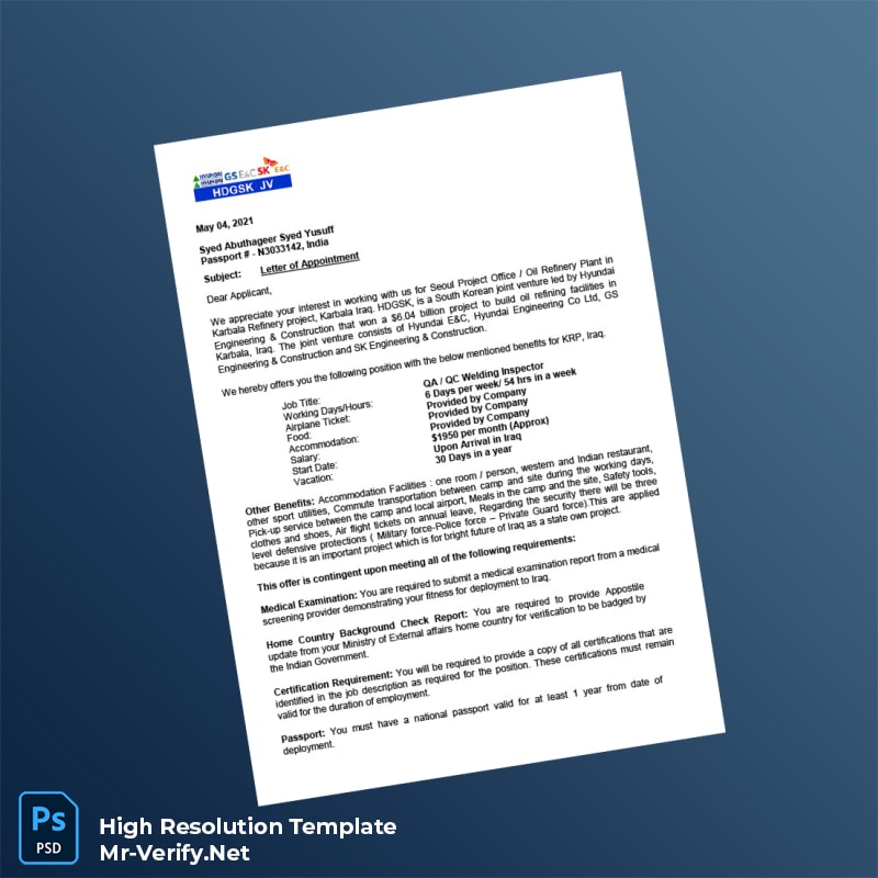 Editable Karbala HDGSK-JV Employment Verification Letter Word and Pdf Template 2 page Editable Karbala HDGSK-JV Employment Verification Letter Word and Pdf Template 2 page