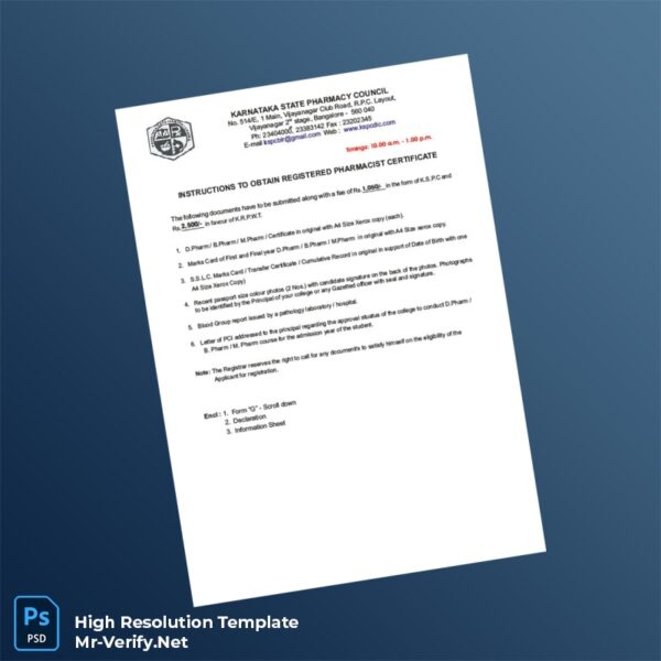 Editable Karnataka State Pharmacy Council Registration Certificate Word and Pdf Template 8 page