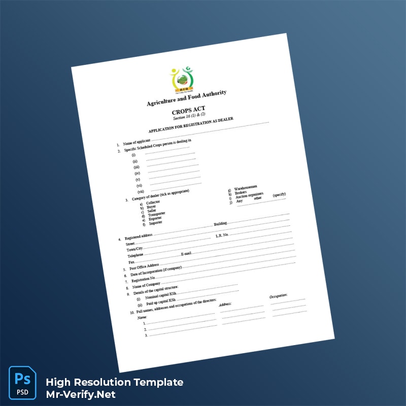 Editable Kenya Agriculture and Food Authority Business Registration Certificate Word and Pdf Template 3 page Editable Kenya Agriculture and Food Authority Business Registration Certificate Word and Pdf Template 3 page