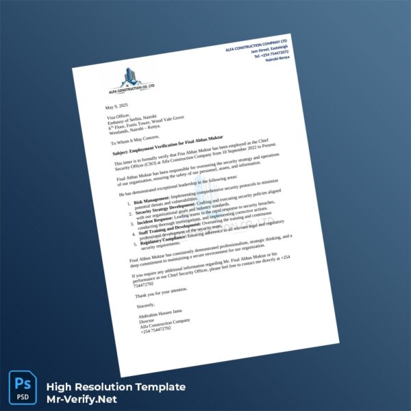 Editable Kenya Alfa Construction Company Employment Verification Letter Word and Pdf Template