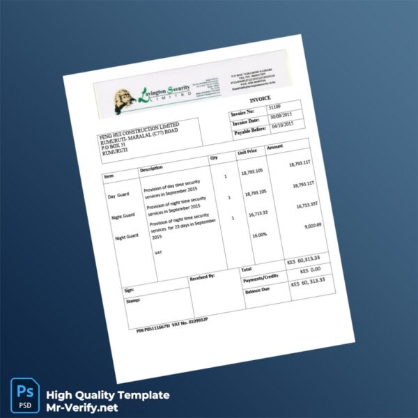 Kenya Feng Hui Construction Limited Invoice Template in Word and PDF formats