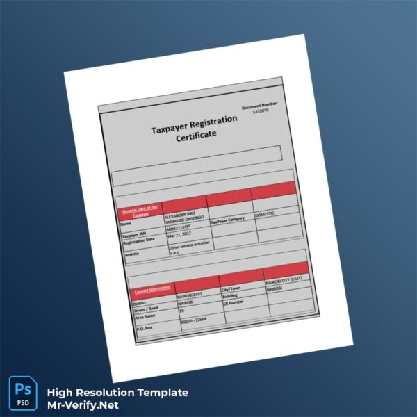 Editable Kenya KRA Tax Registration Certificate Word and Pdf Template 2 page