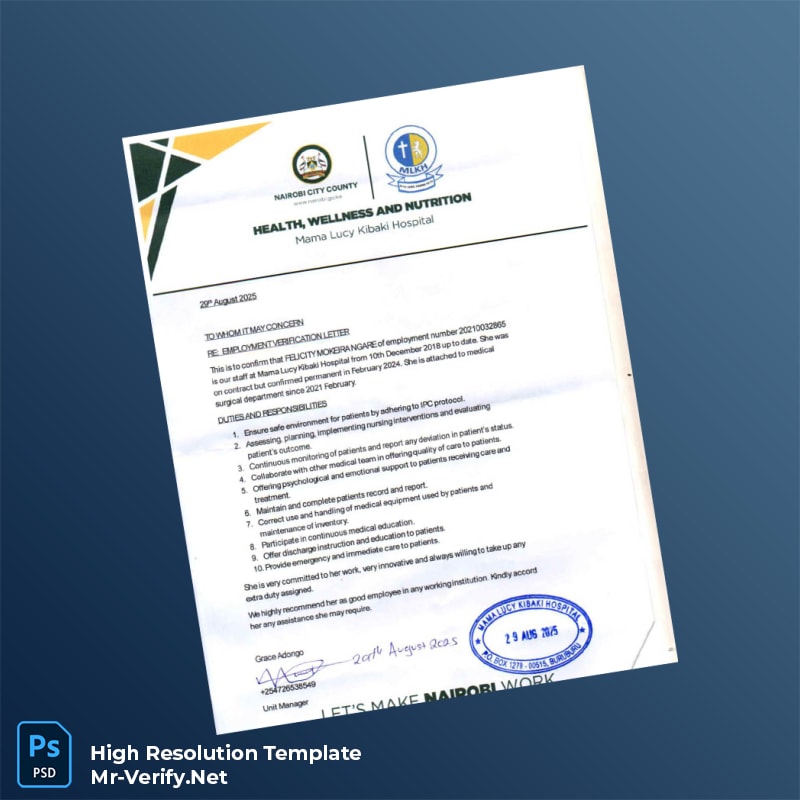 Editable Kenya Mama Lucy Kibaki Hospital Employment Verification Letter Word and Pdf Template Editable Kenya Mama Lucy Kibaki Hospital Employment Verification Letter Word and Pdf Template