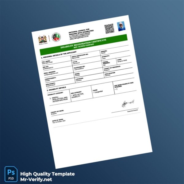 Kenya NCPWD Disability Registration Certificate Template in Word and PDF formats Kenya NCPWD Disability Registration Certificate Template in Word and PDF formats