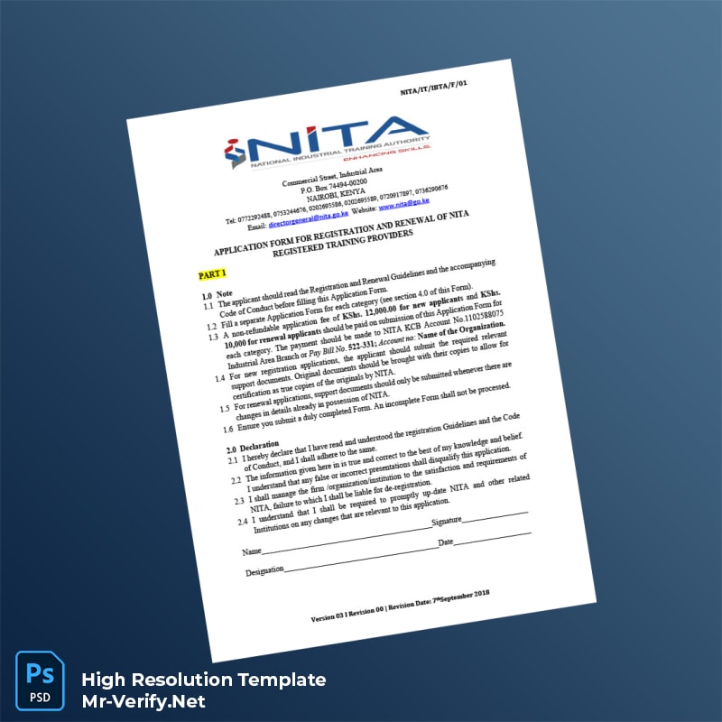Editable Kenya National Industrial Training Authority Application Form for Registration and Renewal of Nita Registered Template in Word a 4 page Editable Kenya National Industrial Training Authority Application Form for Registration and Renewal of Nita Registered Template in Word a 4 page