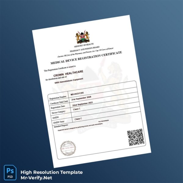 Editable Kenya Pharmacy and Poisons Board Medical Device Registration Certificate Word and Pdf Template 2 page