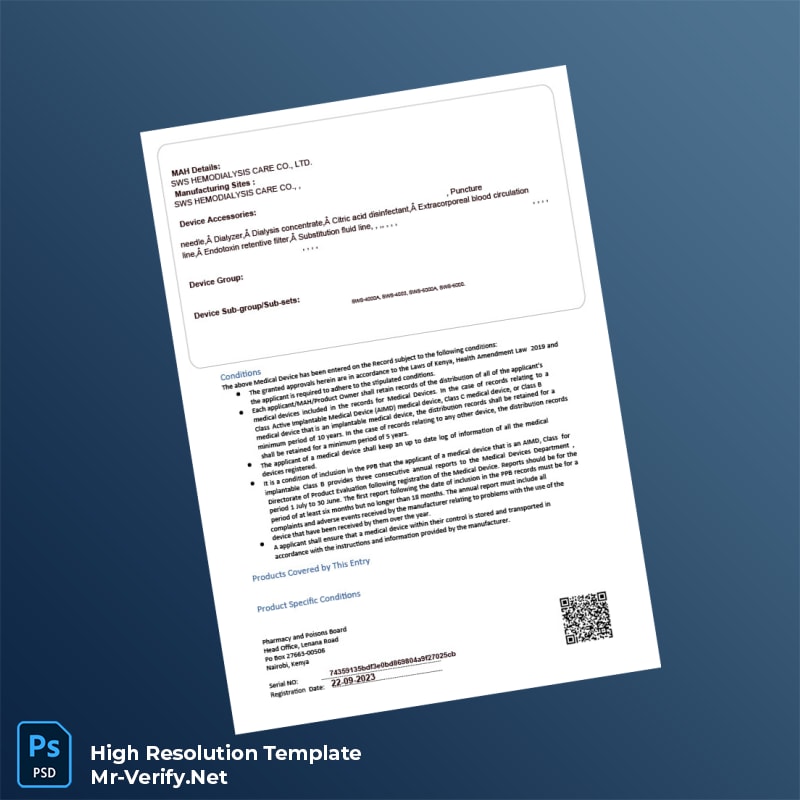 Editable Kenya Pharmacy and Poisons Board Medical Device Registration Certificate Word and Pdf Template 2 page Editable Kenya Pharmacy and Poisons Board Medical Device Registration Certificate Word and Pdf Template 2 page