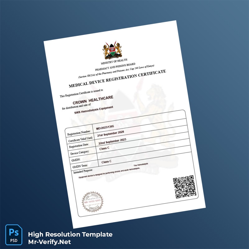 Editable Kenya Pharmacy and Poisons Board Medical Device Registration Certificate Word and Pdf Template 2 page Editable Kenya Pharmacy and Poisons Board Medical Device Registration Certificate Word and Pdf Template 2 page