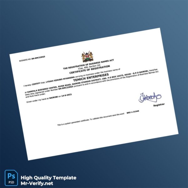 Kenya Registrar of Businesses Business Registration Certificate Template in Word and PDF formats Kenya Registrar of Businesses Business Registration Certificate Template in Word and PDF formats