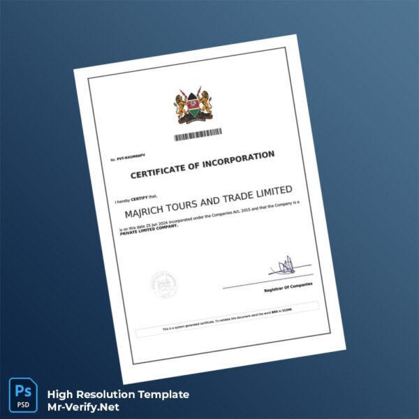 Editable Kenya Registrar of Companies Certificate of Incorporation Word and Pdf Template Editable Kenya Registrar of Companies Certificate of Incorporation Word and Pdf Template