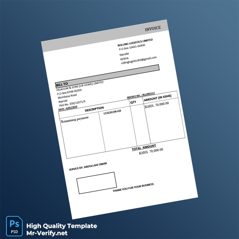 Kenya Rolling Logistics Limited Invoice Template in Word and PDF formats Kenya Rolling Logistics Limited Invoice Template in Word and PDF formats