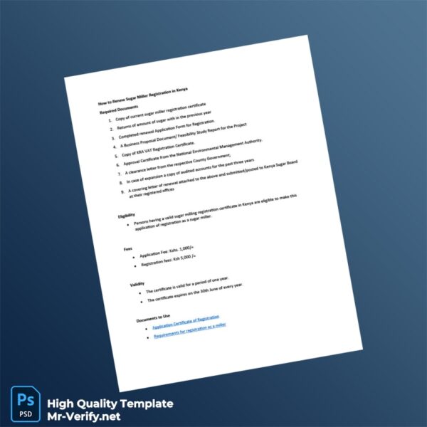 Kenya Sugar Miller Registration Renewal Certificate Template in Word and PDF formats 5 page Kenya Sugar Miller Registration Renewal Certificate Template in Word and PDF formats 5 page