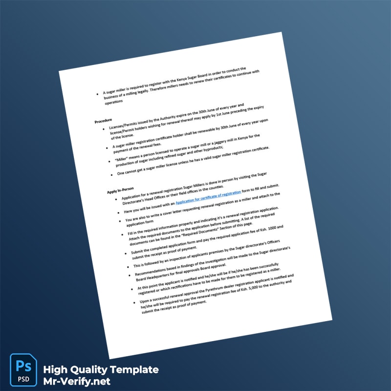 Kenya Sugar Miller Registration Renewal Certificate Template in Word and PDF formats 5 page Kenya Sugar Miller Registration Renewal Certificate Template in Word and PDF formats 5 page