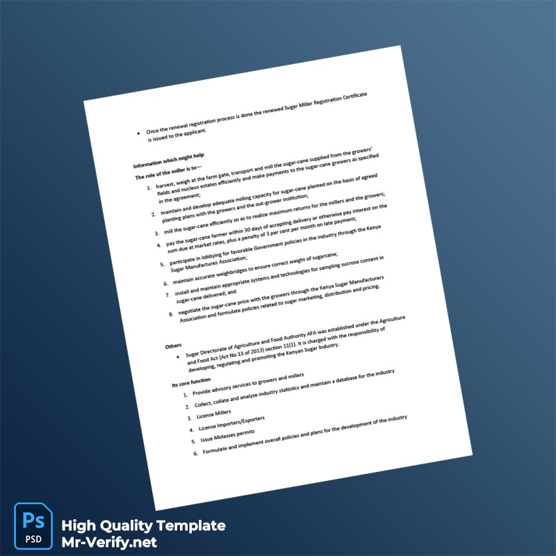 Kenya Sugar Miller Registration Renewal Certificate Template in Word and PDF formats 5 page Kenya Sugar Miller Registration Renewal Certificate Template in Word and PDF formats 5 page