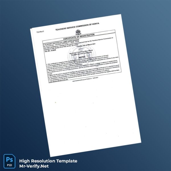 Editable Kenya Teachers Service Commission Certificate of Registration Word and Pdf Template