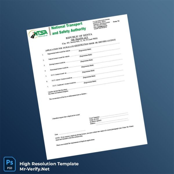 Editable Kenya Traffic Authority Duplicate Registration Book or Drivers Licence Application Word and Pdf Template 2 page