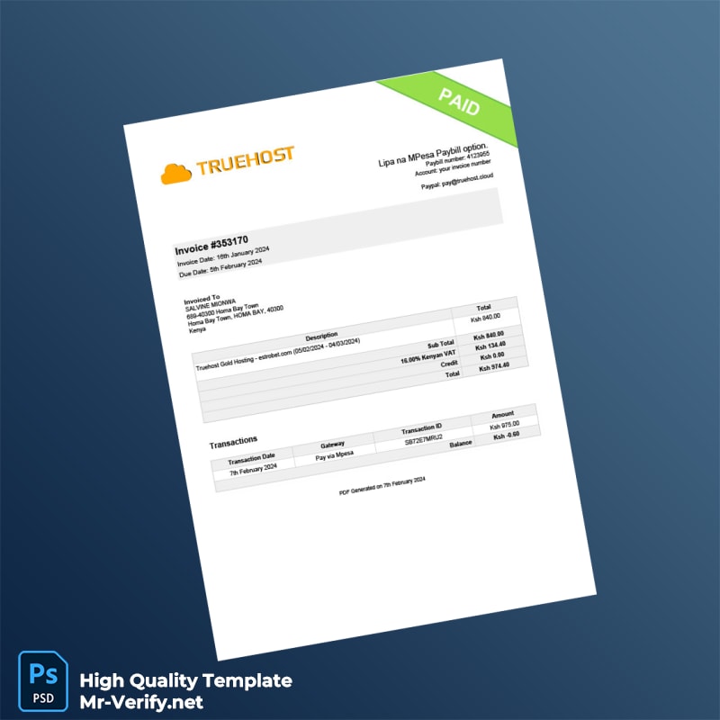 Kenya Truehost Invoice Template in Word and PDF formats Kenya Truehost Invoice Template in Word and PDF formats