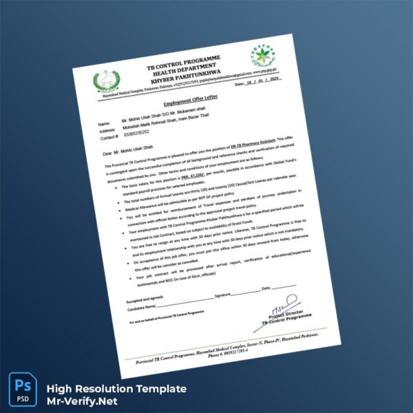 Editable Khyber Pakhtunkhwa Provincial TB Control Programme Employment Verification Letter Word and Pdf Template Editable Khyber Pakhtunkhwa Provincial TB Control Programme Employment Verification Letter Word and Pdf Template