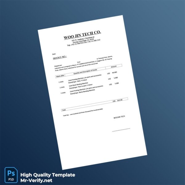 Korea Woo Jin Tech Co Invoice Template in Word and PDF formats 2 page Korea Woo Jin Tech Co Invoice Template in Word and PDF formats 2 page