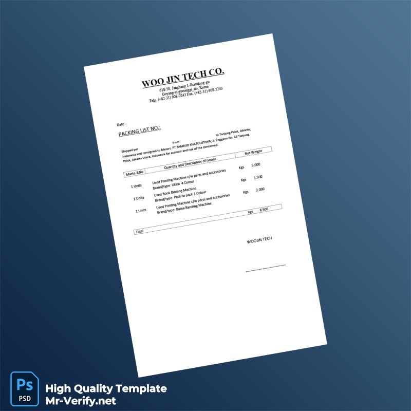 Korea Woo Jin Tech Co Invoice Template in Word and PDF formats 2 page Korea Woo Jin Tech Co Invoice Template in Word and PDF formats 2 page