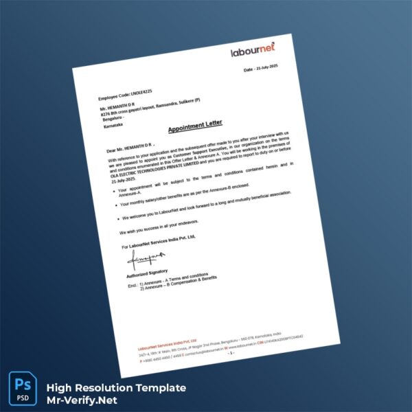 Editable LabourNet Services India Pvt Ltd Employment Verification Letter Word and Pdf Template 6 page