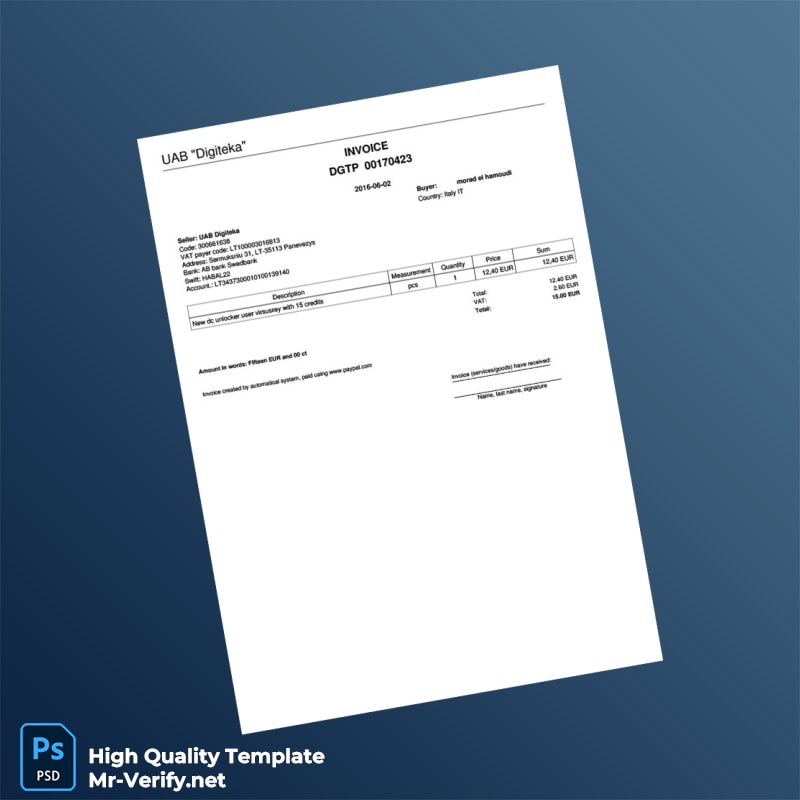 Lithuania UAB Digiteka Invoice Template in Word and PDF formats Lithuania UAB Digiteka Invoice Template in Word and PDF formats