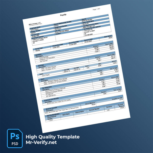 MSG Chicago LLC payslip word and pdf template