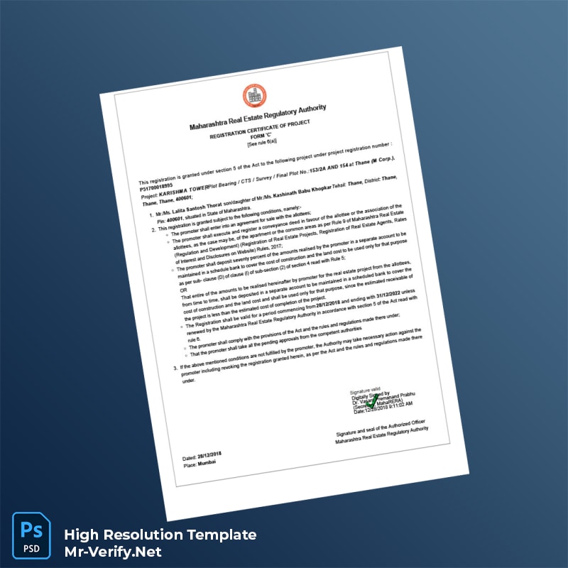 Editable Maharashtra Real Estate Regulatory Authority Registration Certificate Word and Pdf Template Editable Maharashtra Real Estate Regulatory Authority Registration Certificate Word and Pdf Template