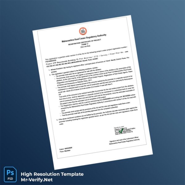 Editable Maharashtra Real Estate Regulatory Authority Registration Certificate of Project Form C Word and Pdf Template